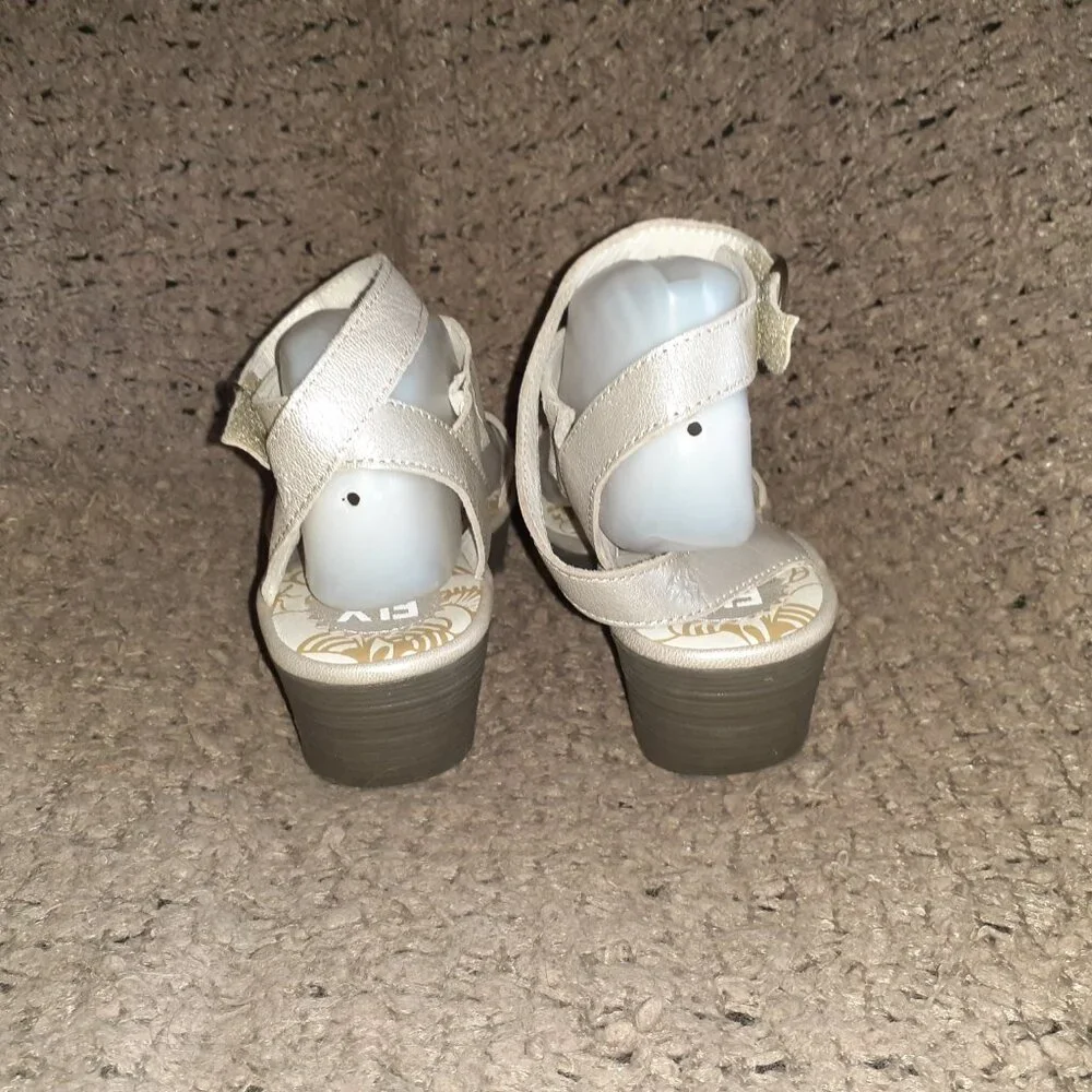 FLY LONDON-Yesk-Metallic Beige/Silver Leather-Ankle Strap Wedge-Sz 9.5-Near Mint - Picture 6 of 8